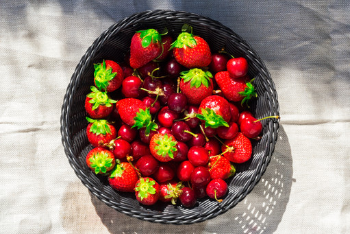 Strawberries and Cherries in a Basket